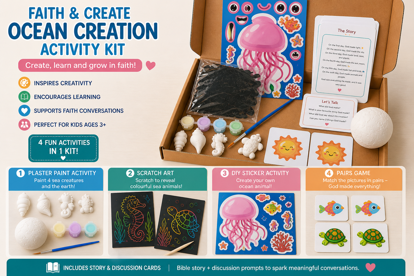 God'reaion includes, pairs game, paint craft, sticker sheet, scratch art.