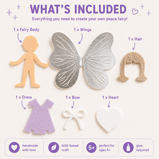Hope fairy craft kit includes, felt hair and dress, foam fairy body, white decorative elements