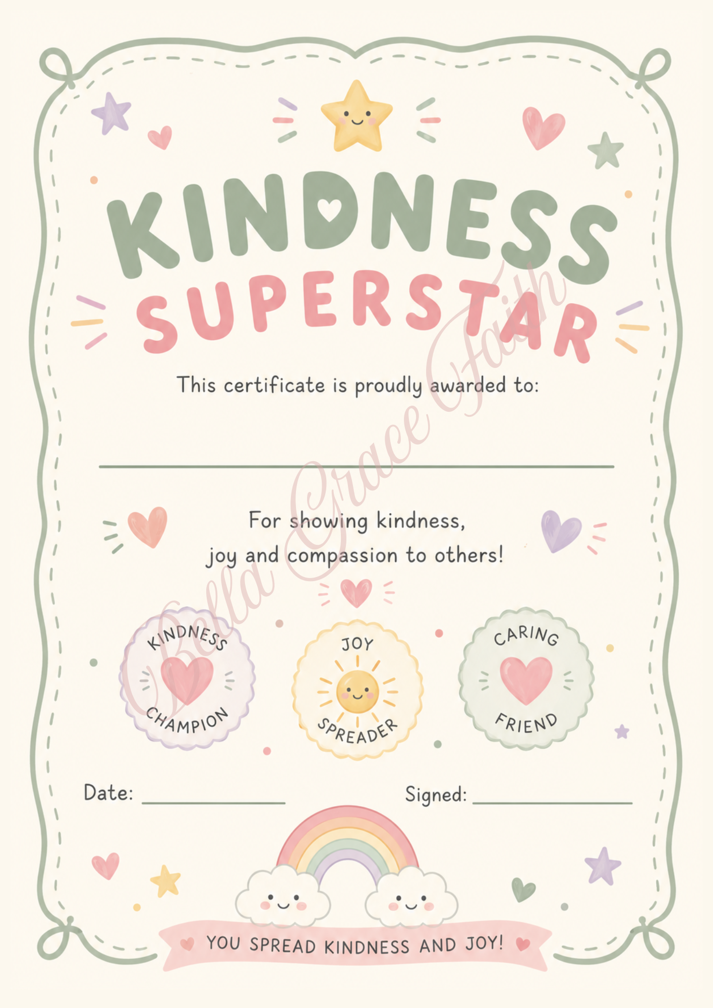 Kindness Superstar printable certificate for children with pastel rainbow and encouragement theme