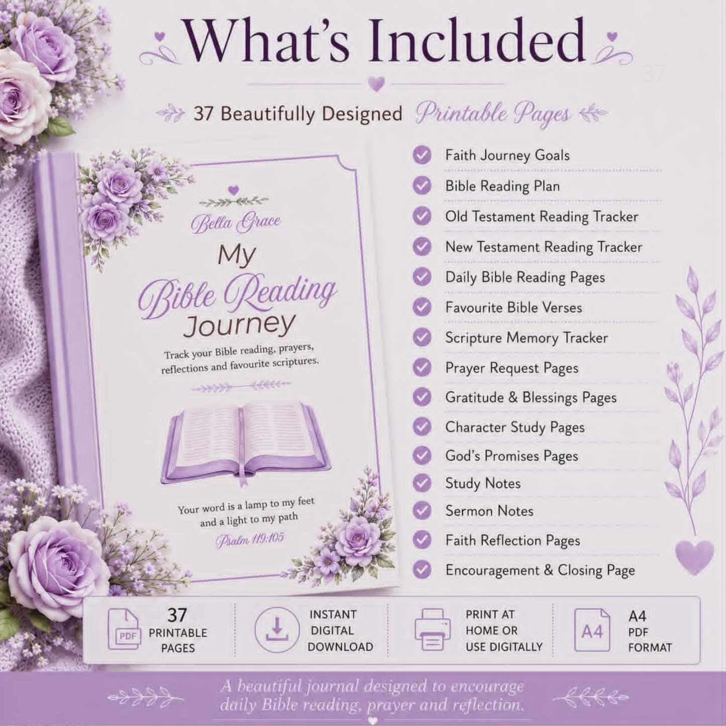 Product packaging for 'My Bible Reading Journey' with purple flowers and text listing features.