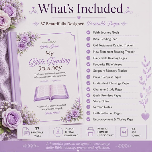 Product packaging for 'My Bible Reading Journey' with purple flowers and text listing features.
