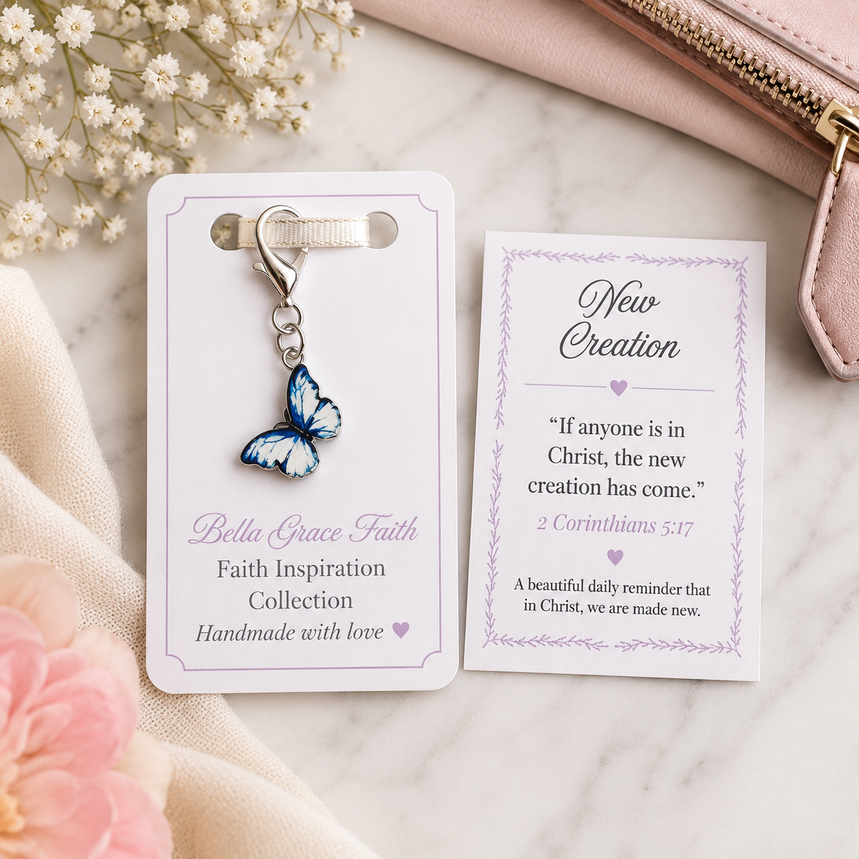 New Creation Butterfly Christian bag charm with scripture card featuring 2 Corinthians 5:17