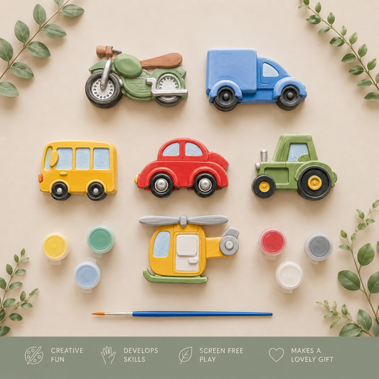 transport themed plaster shapes painted with various paint colours from our paint kit