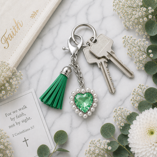 Green heart keyring on keys - Trust Faith Inspired Keyring