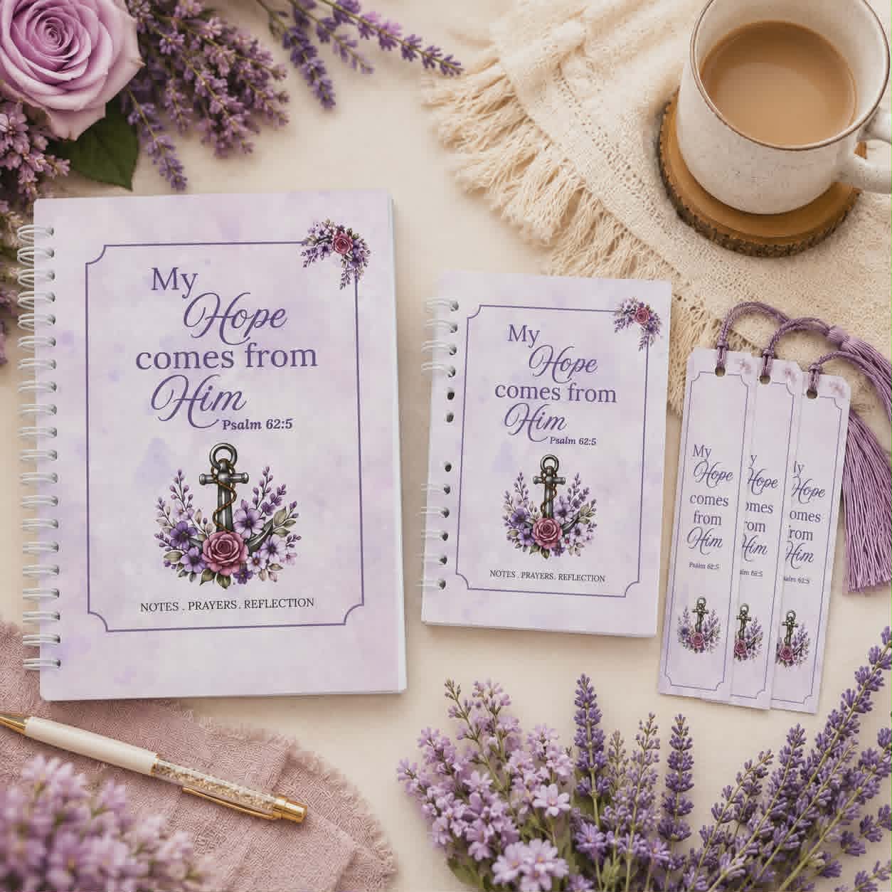 My hope comes from Him christian prayer journal featuring Psalm 62:5 floral anchor design and 80 plain pages for bible study notes and prayers.
