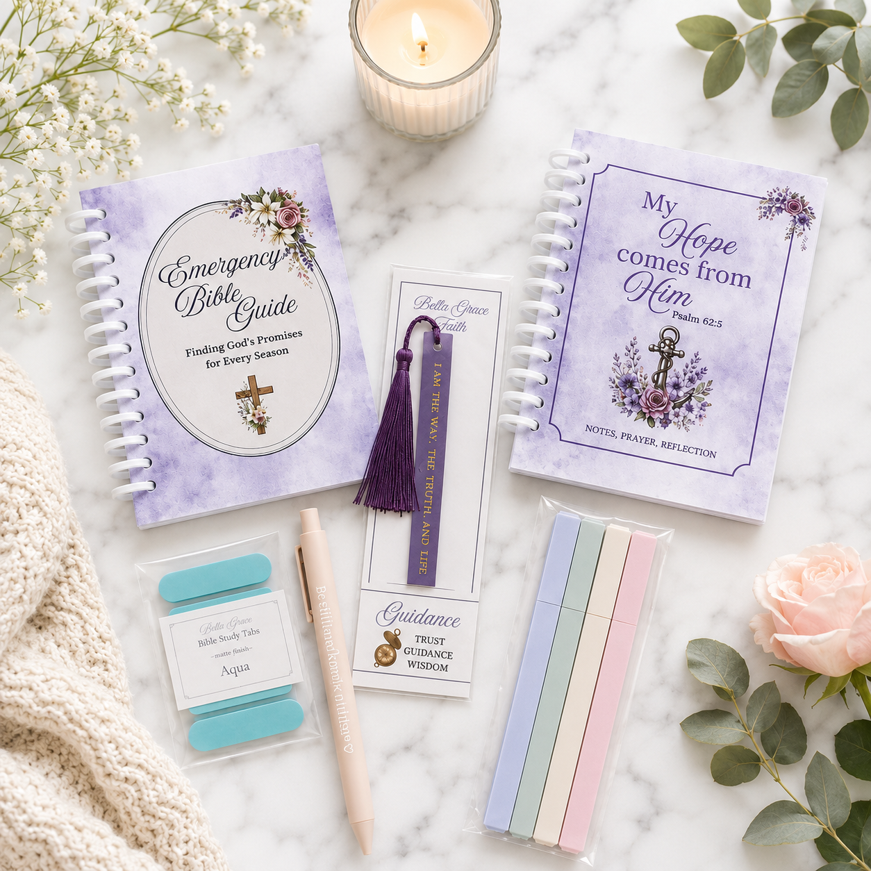 A styled flat-lay of a Bible study and prayer kit on a white marble background, featuring a purple watercolor Emergency Bible Guide, a purple watercolor 'My Hope comes from Him' prayer notebook, a purple tassel bookmark, a card holder, a pen, and pastel sticky notes.