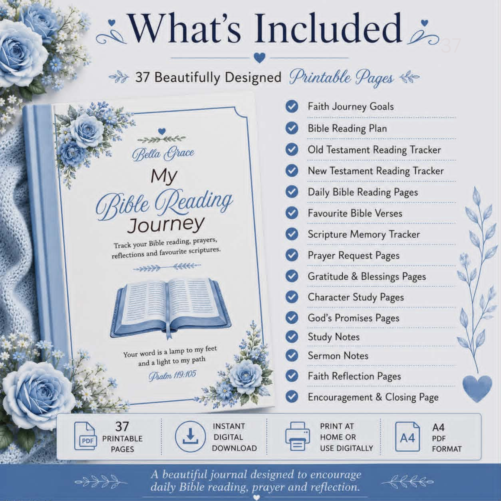 Bible reading journey printable package with blue roses and text listing included pages.