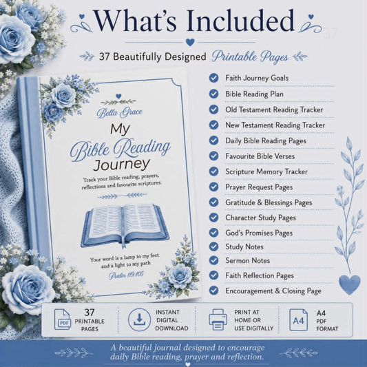 Bible reading journey printable package with blue roses and text listing included pages.