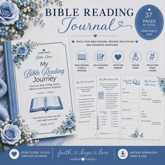 Bible Reading Journal with floral design and text about tracking Bible reading and prayers.