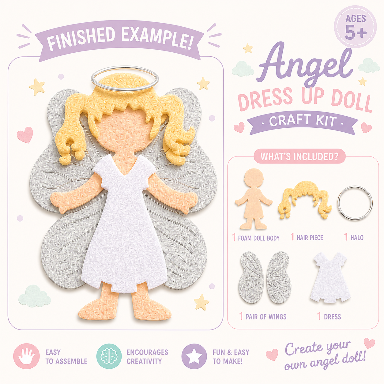 Angel Dress Up Doll Craft Kit for Kids - Faith-Inspired Creative Activity
