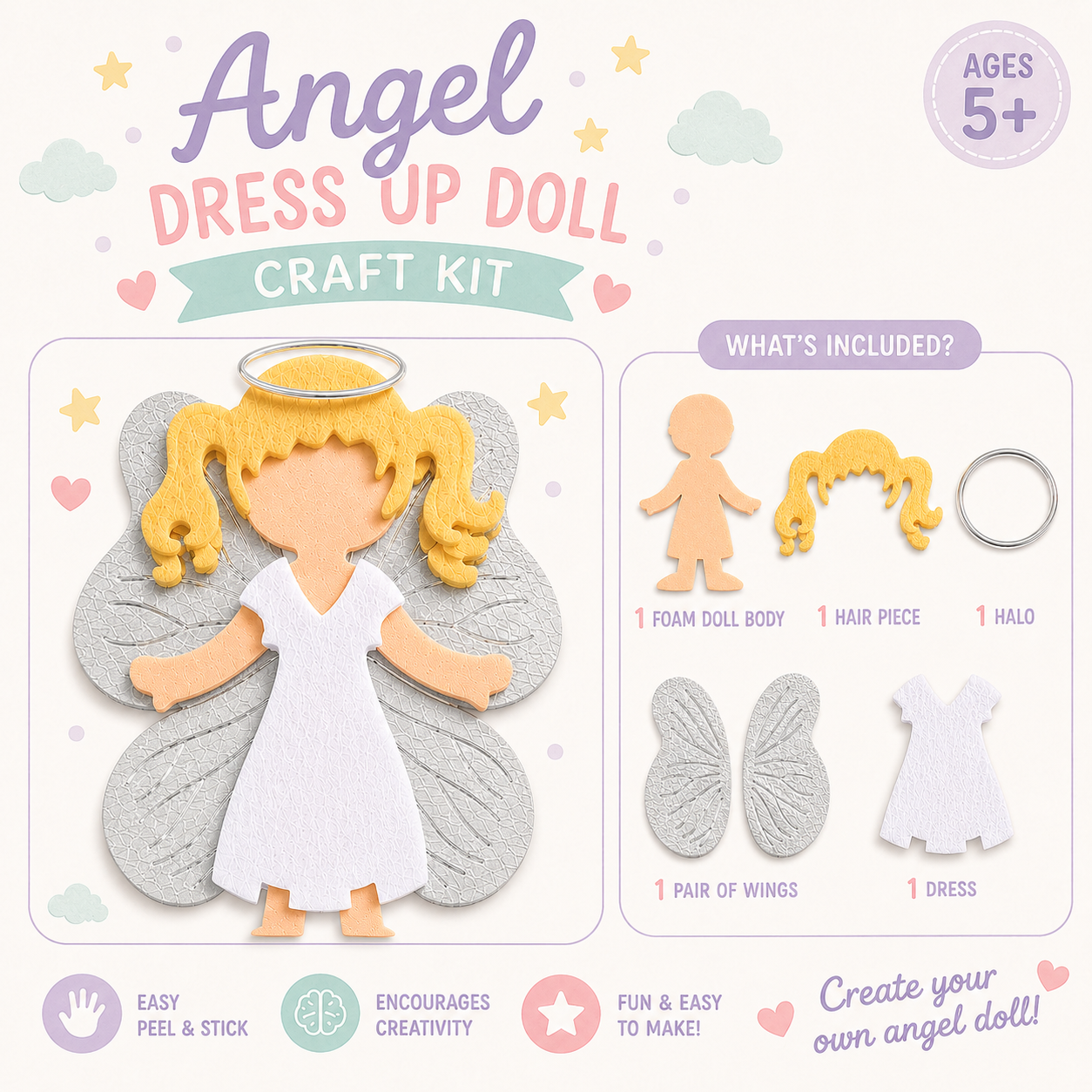 Angel Dress Up Doll Craft Kit for Kids - Faith-Inspired Creative Activity