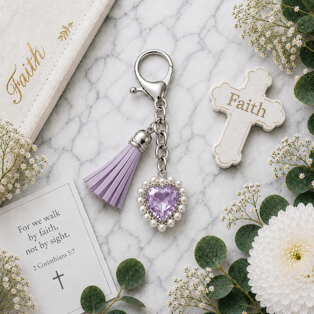 Handmade Courage Christian heart keychain with lilac crystal heart, pearl detail surround and lilac tassel on marble background