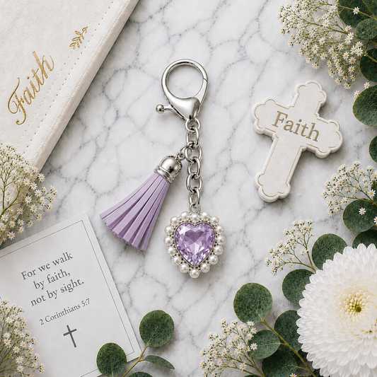 Handmade Courage Christian heart keychain with lilac crystal heart, pearl detail surround and lilac tassel on marble background
