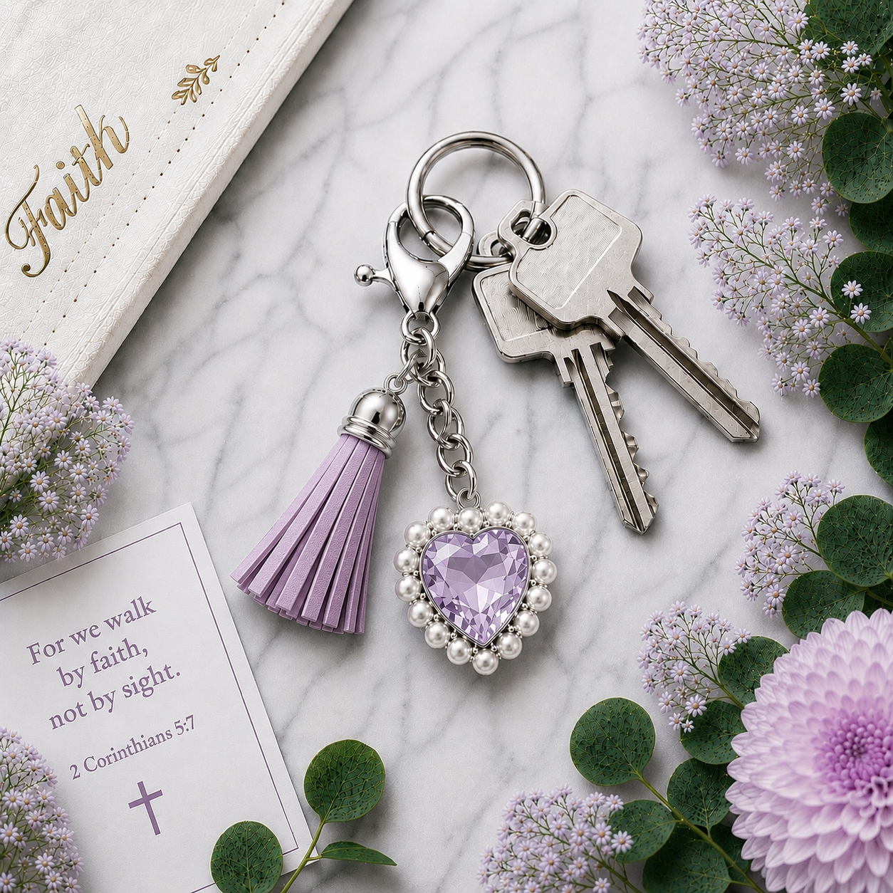 Courage Christian heart keychain with lilac crystal heart and tassel attached to silver keys on marble background
