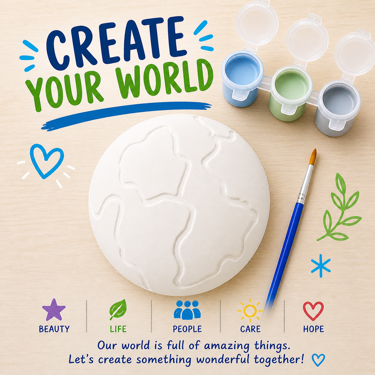 Plaster pain kit, create your own world plaster shape, paintbrush, 3 paints Pastel blue, green and cool grey