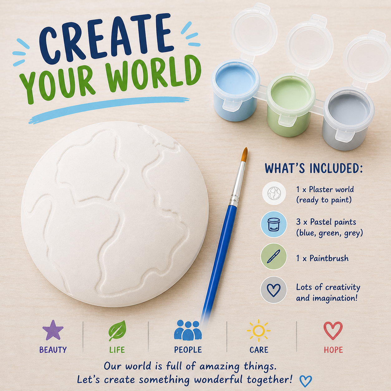 Plaster paint kit create your own earth include plaster shape, 3 pastel paints, paintbrush