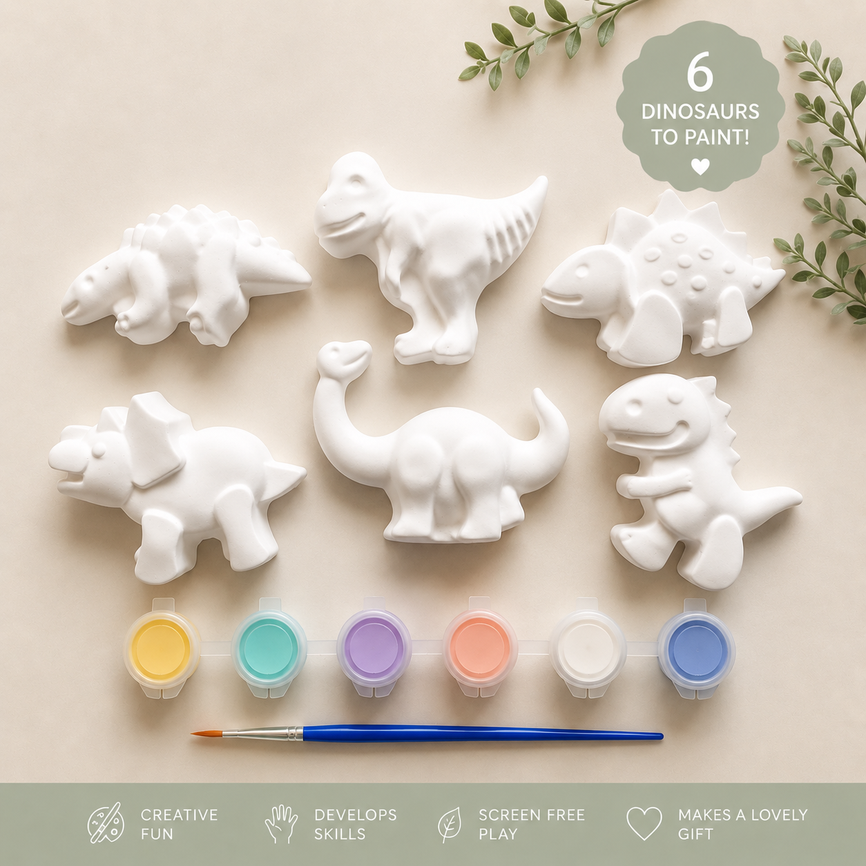 Dinosaur plaster shapes with paint brush and 6 pastel paints