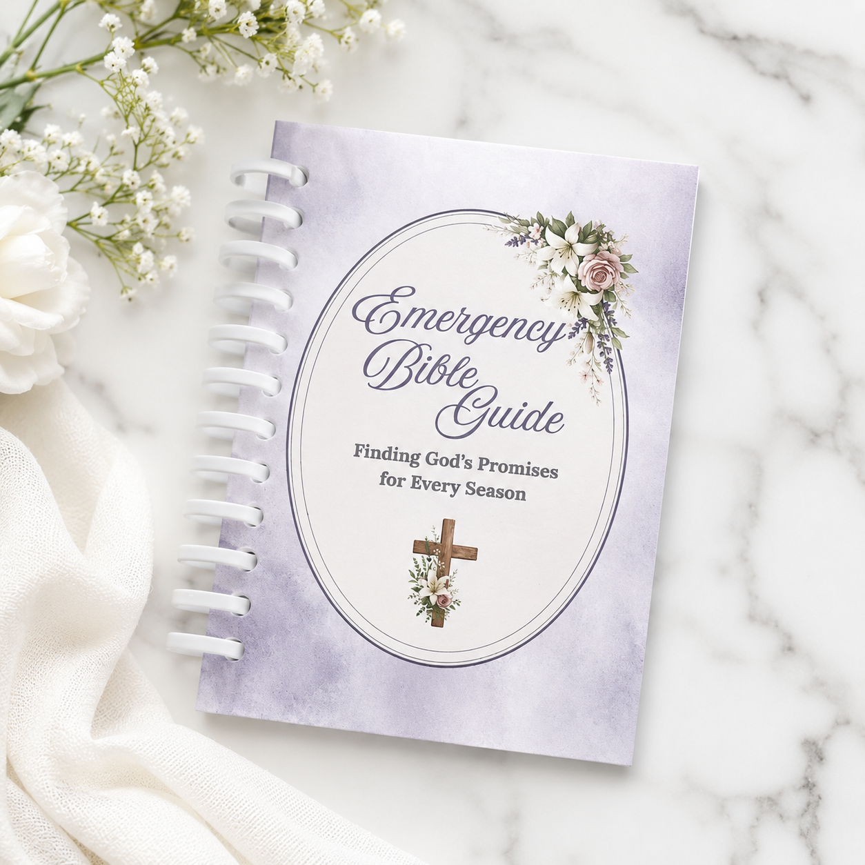 Emergency bible guide, scripture for all seasons, bible study accessory lilac water colour and floral design
