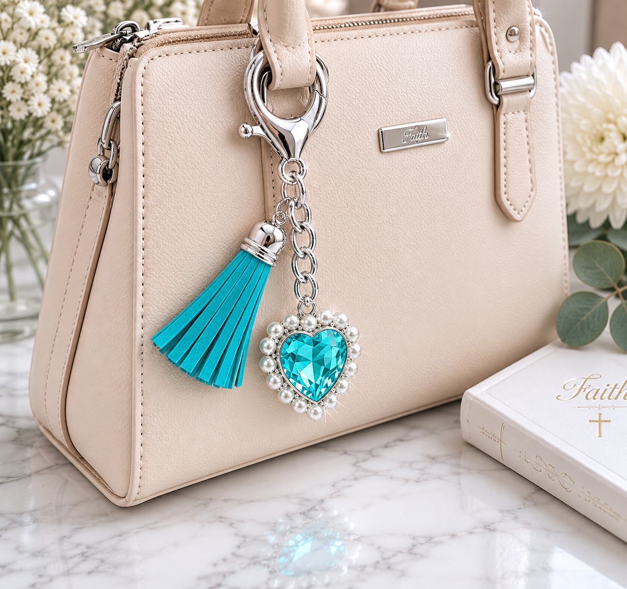 Turquoise heart keyring with a tassel on a handbag, Faith Inspired Keyring