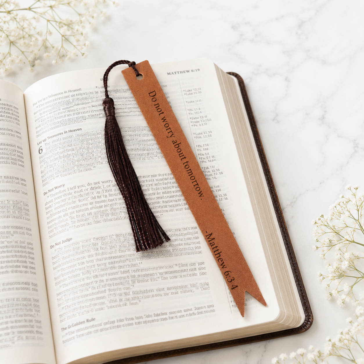 Generosity Faux Leather Christian Bookmark | Matthew 6:3–4 Scripture Bookmark