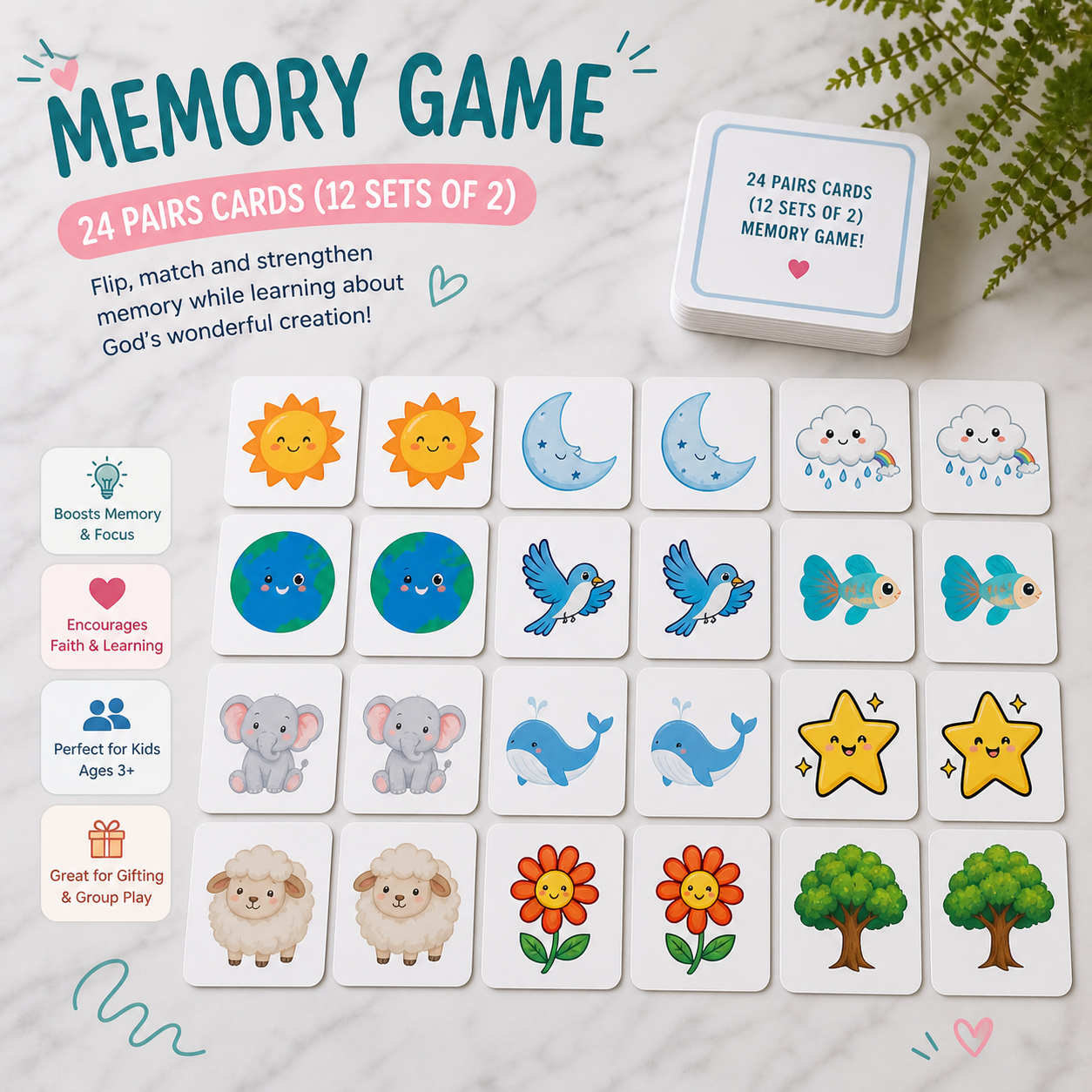 God's creation pairs game, 24 cards, 2 sets of 12 pictures