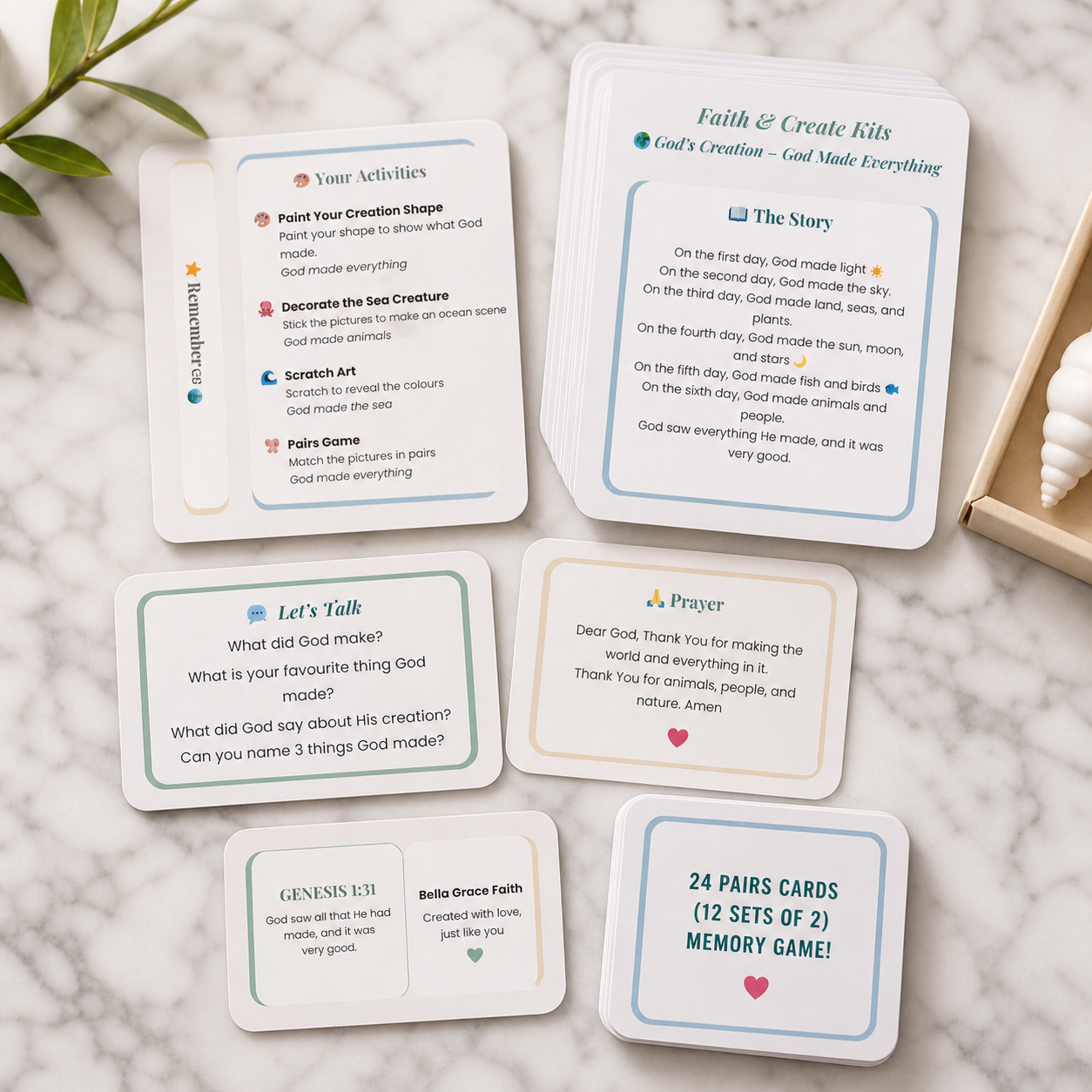 God' creation bible story, activity card prayer