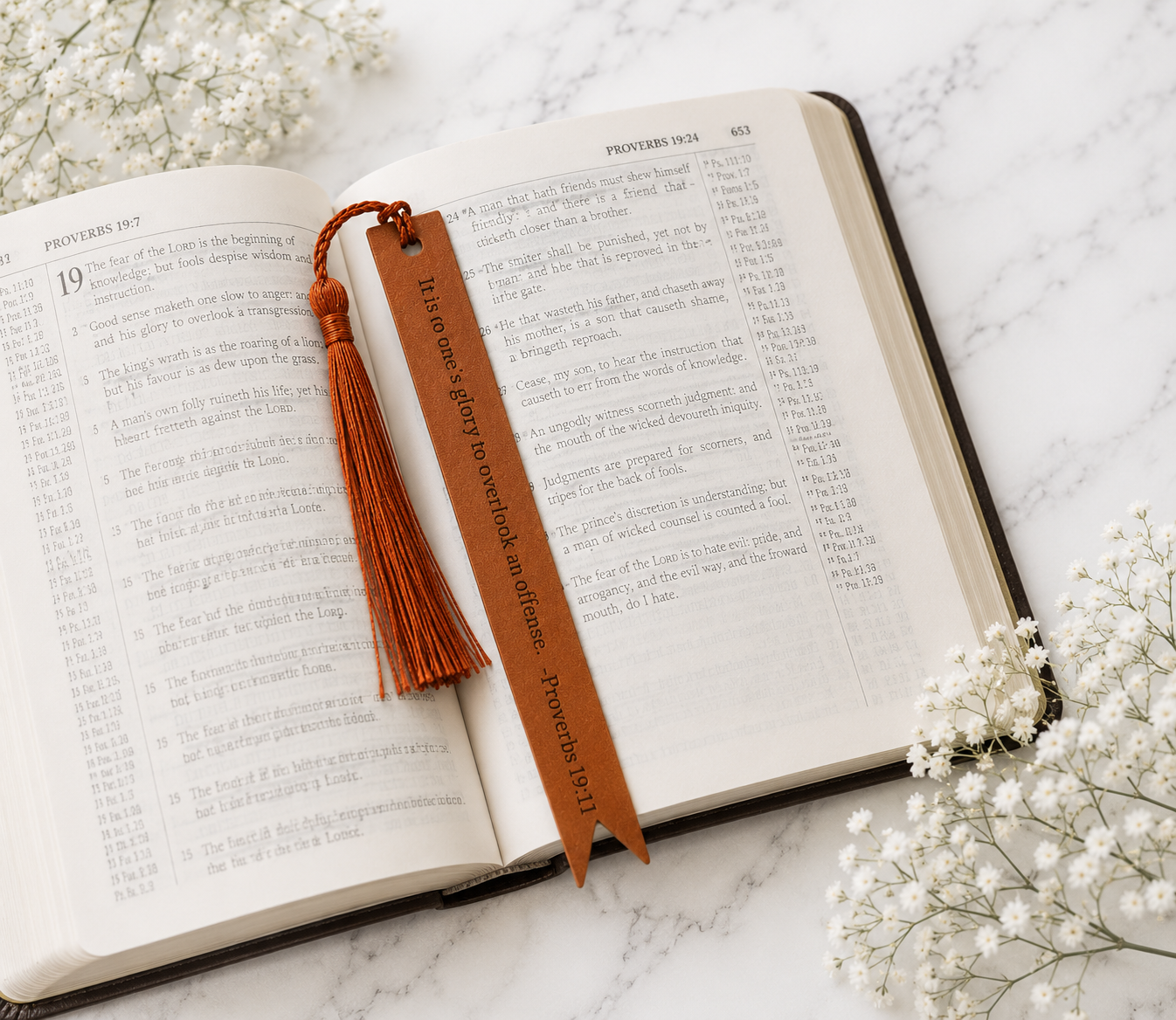 Grace Faux Leather Christian Bookmark | Proverbs 19:11 Scripture Bookmark
