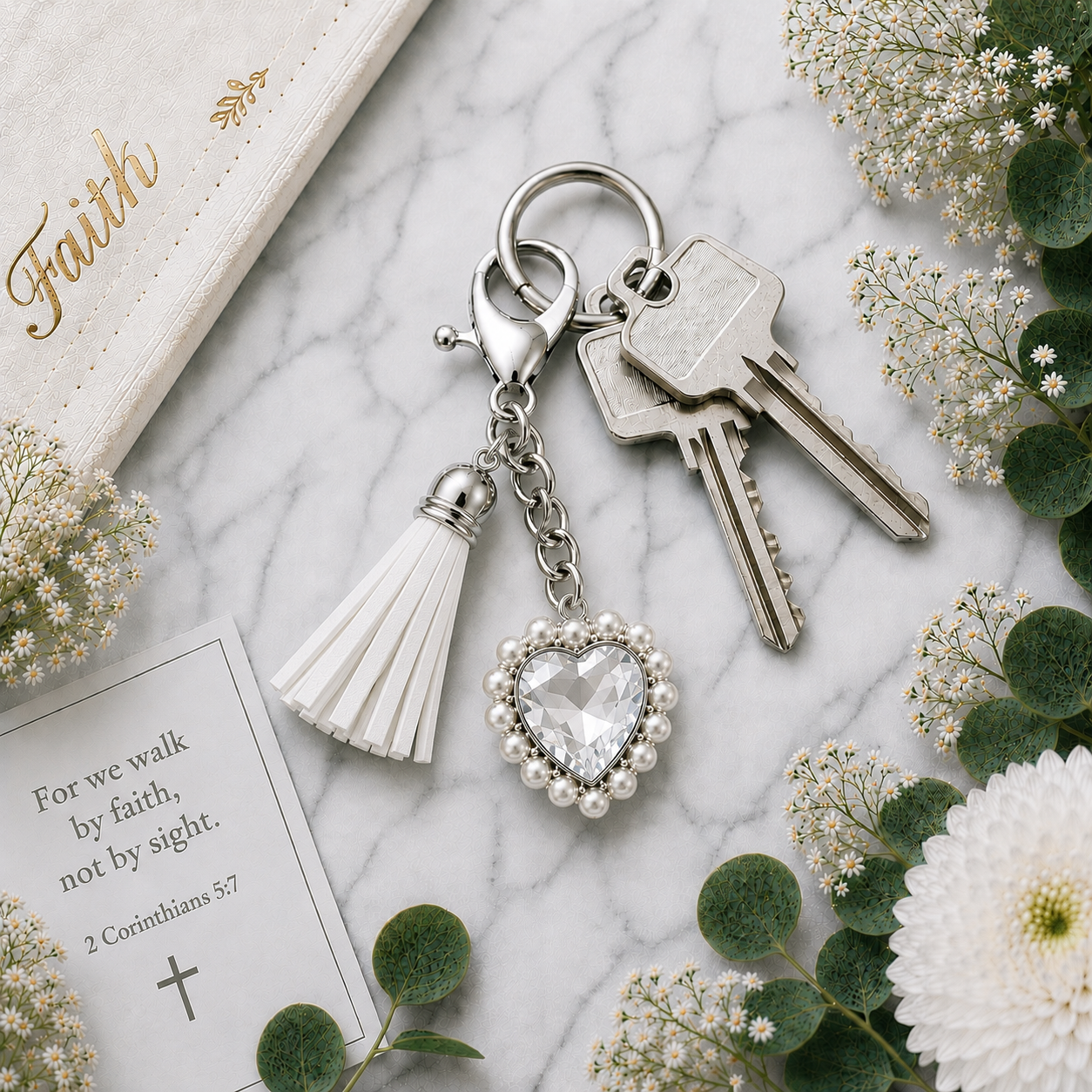 Clear heart keyring with white tassel on keys, Christian scripture gift for Grace