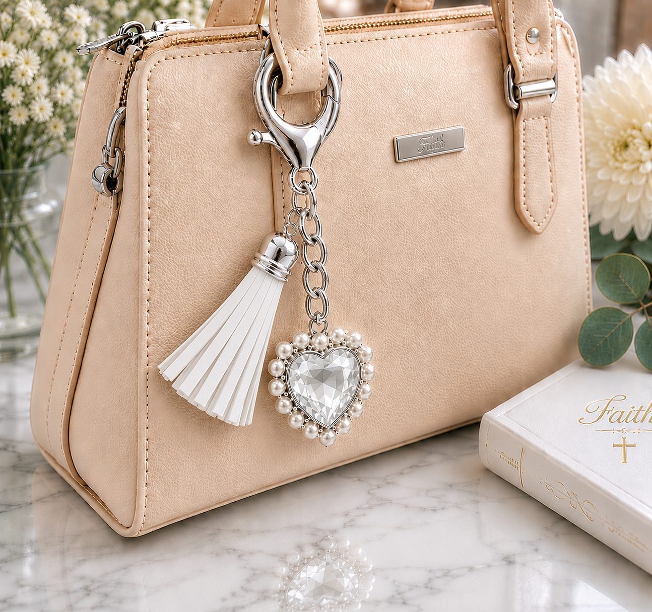 White heart keyring on a handbag, Grace Heart christian gift.