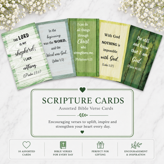 Set of Green Wood Effect Scripture Cards with Bible verses on a white background