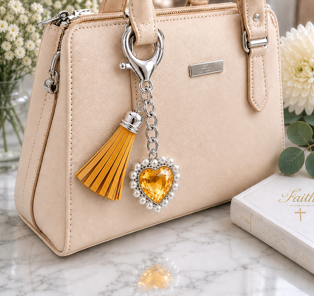 Yellow heart keyring on handbag  scripture inspired christian gift