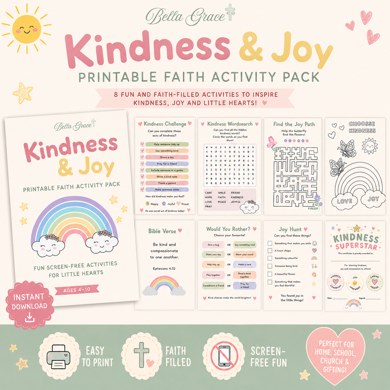 Kindness & Joy Printable Activity Pack for Ages 4 - 8 - Instant Download