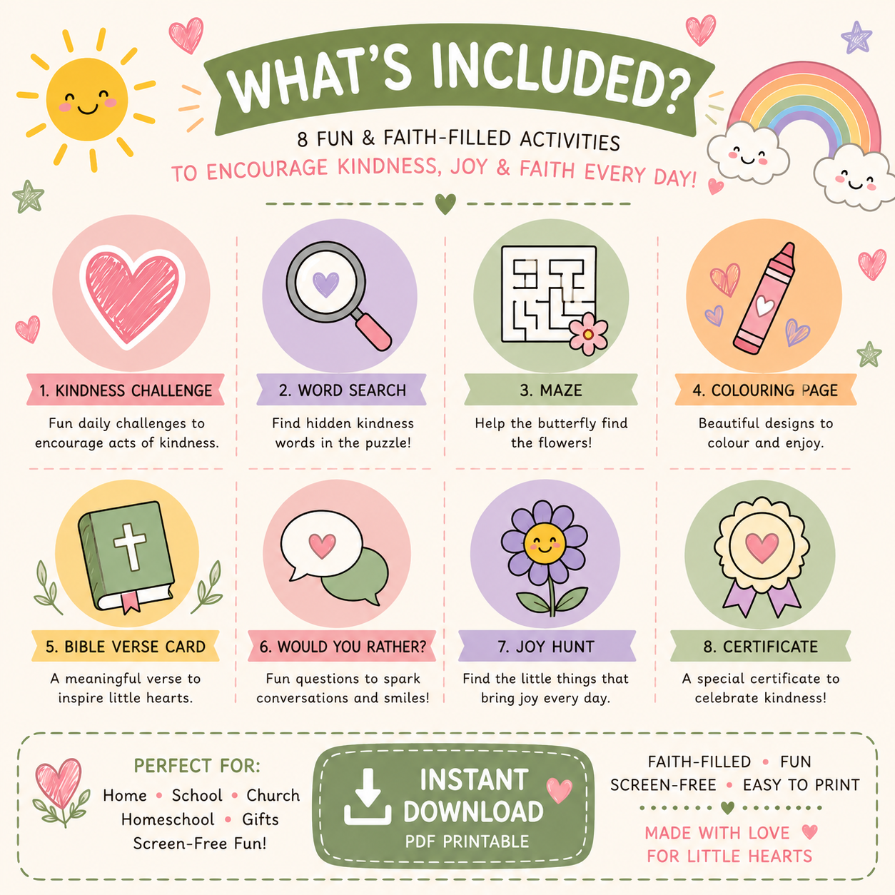 Kindness & Joy Printable Activity Pack for Ages 4 - 8 - Instant Download
