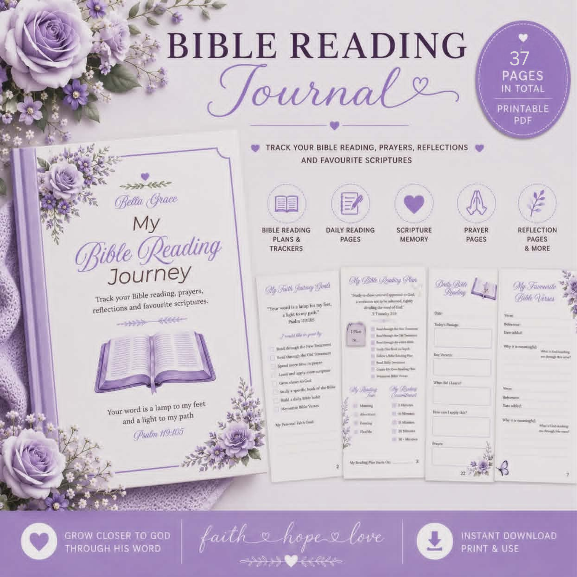 Bible Reading Journal with purple floral design on a white background