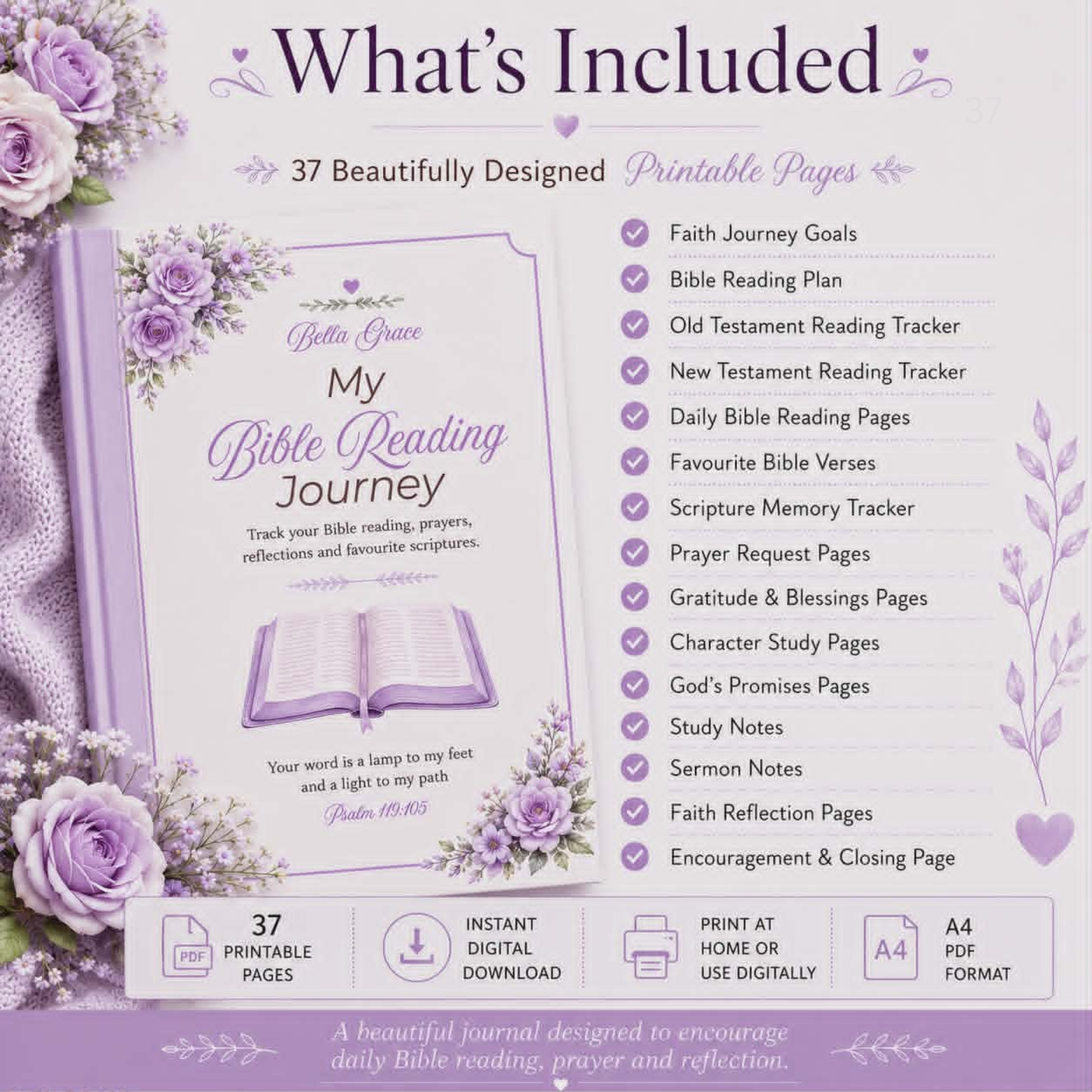Product packaging for 'My Bible Reading Journey' with purple flowers and text listing features.