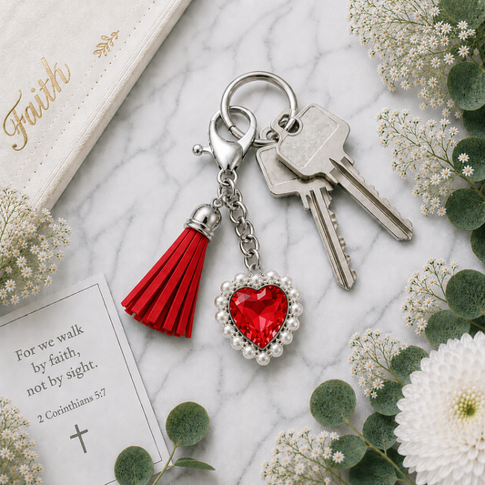 Red love heart keyring with matching tassel on a large silver lobster clip, Christian keyring gift