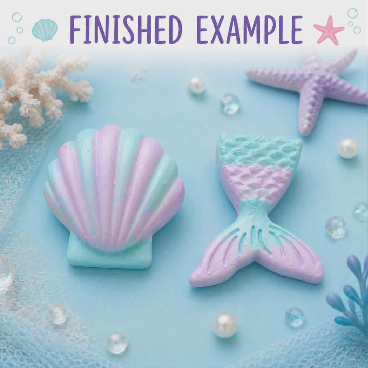 Painted mermaid tail and shell craft finished example with pastel colours and gems