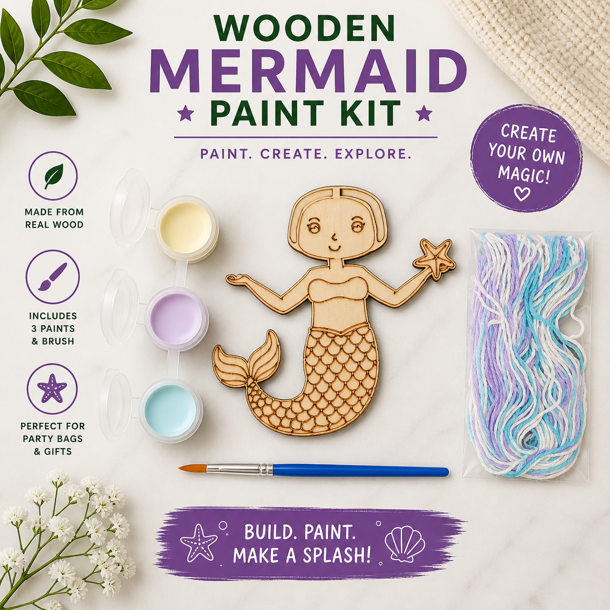 mermaid wooden craft kit with mermaid wood blank, 3 paints, paintbrush and yarn for the hair