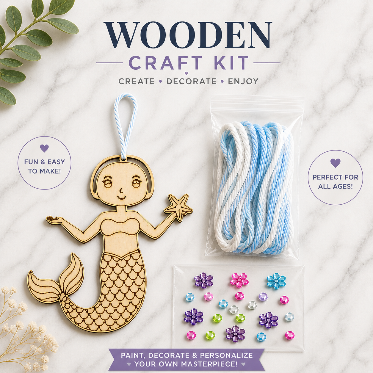 Mermaid wooden craft kit with yarn and gems