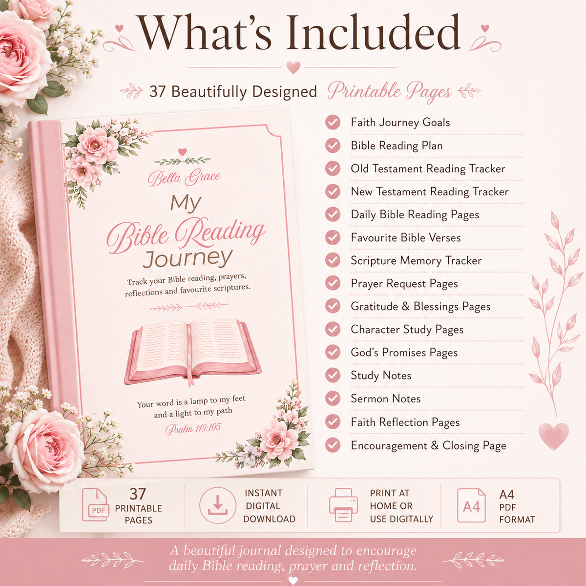 Product packaging for 'My Bible Reading Journey' with a pink cover and floral design, listing features on a white background.