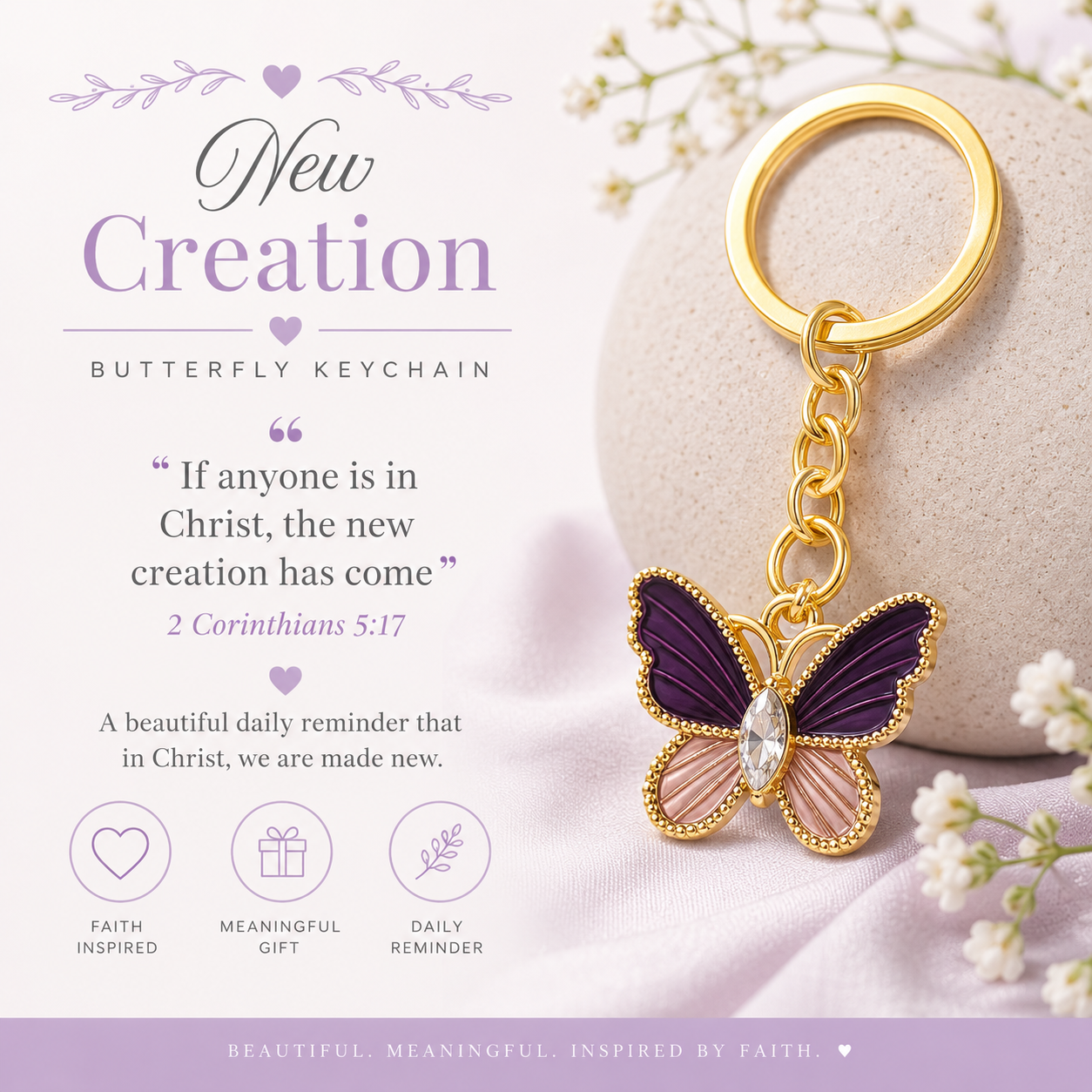 Butterfly keychain with gold and purple design on a white background