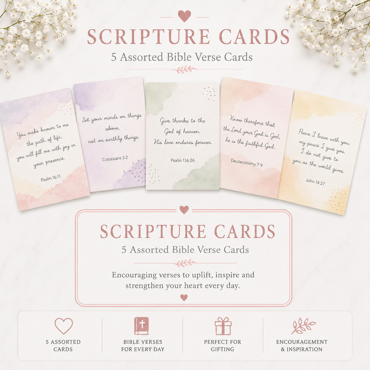 Set of 5 Pastel Scripture Cards with Bible verses on a white background with decorative elements.