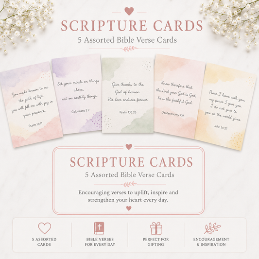 Set of 5 Pastel Scripture Cards with Bible verses on a white background with decorative elements.