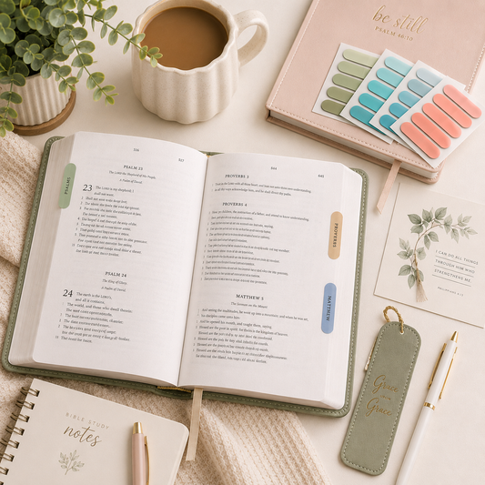 Open book with a cup of coffee, planner, and stationery on a light surface with sticky page tabs for journalling and bible study.