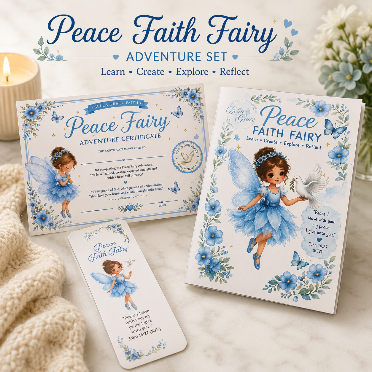 A styled flat-lay of a 'Peace Faith Fairy' themed adventure activities booklet set featuring a large certificate, a smaller matching bookmark, and a booklet with blue fairy illustrations, set against a soft cream background with a candle, knit blanket, and flowers.