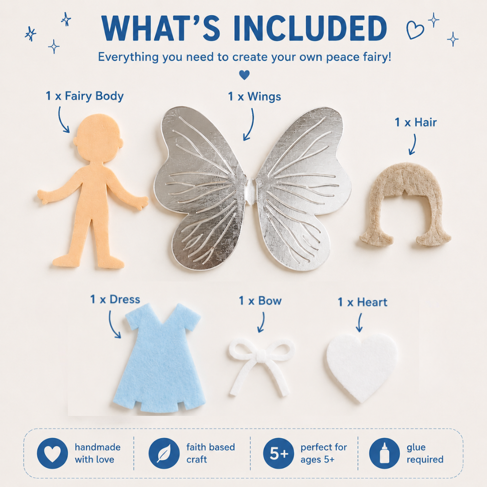 Peace fairy craft kit includes fairy body, felt dress, silver wings, felt hair and a decorative bow and heart 