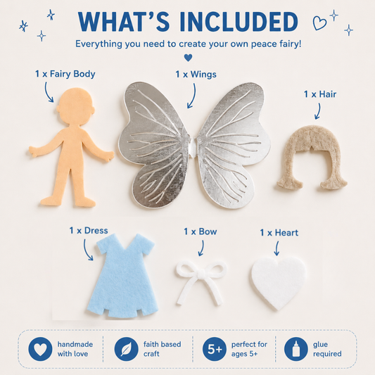 Peace fairy craft kit includes fairy body, felt dress, silver wings, felt hair and a decorative bow and heart 