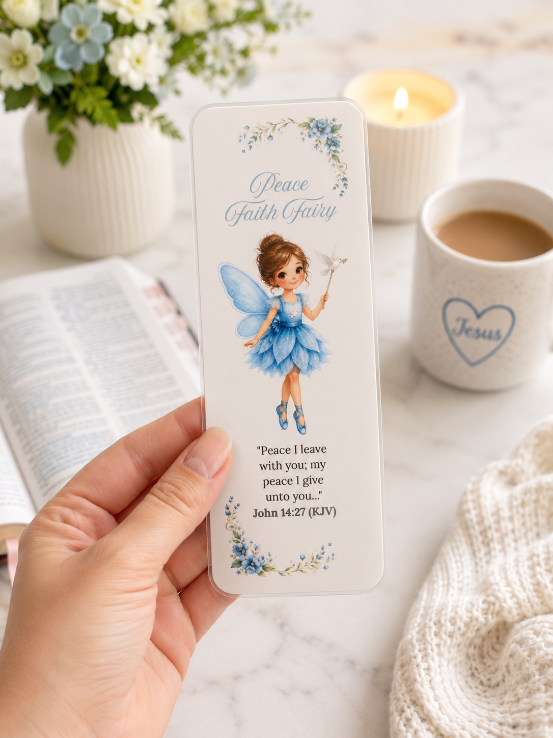 Peace Faith Fairy bookmark with blue floral design and Bible verse for Christian children.