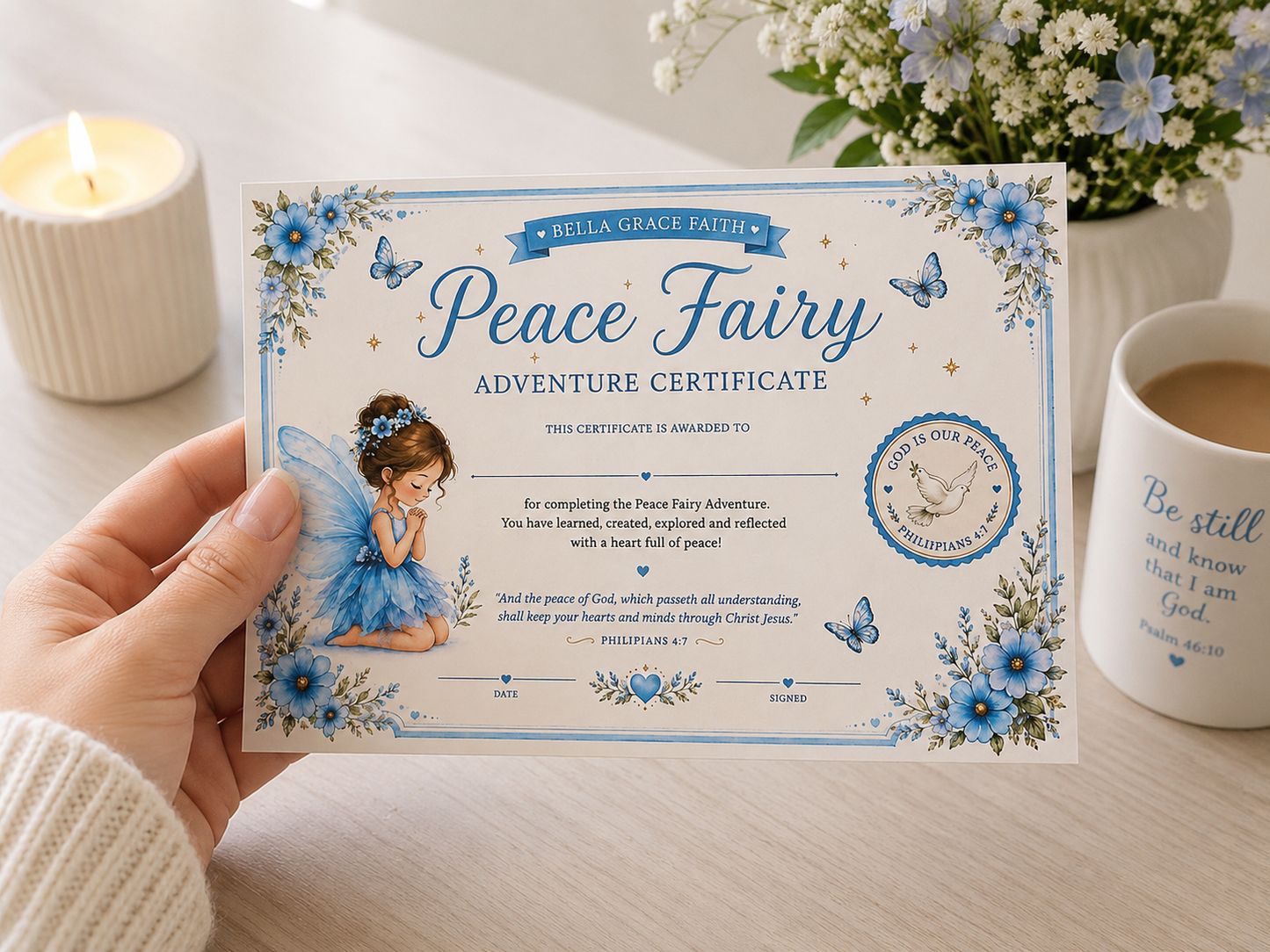 Peace Faith Fairy certificate included in a Christian children's activity and craft gift set.