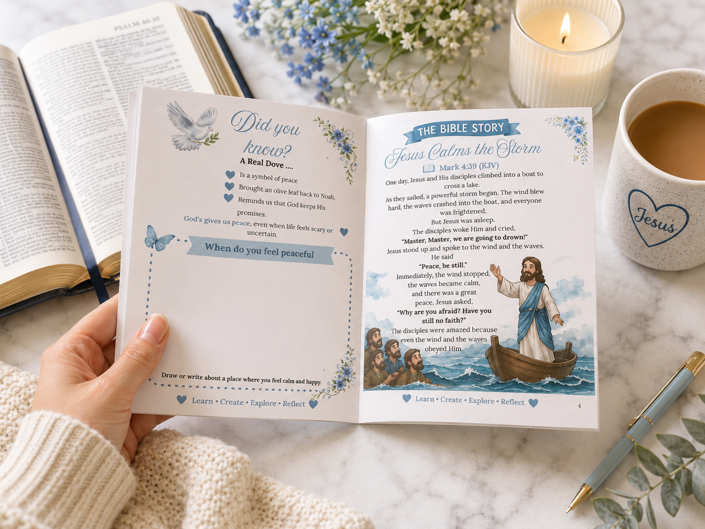 Peace Faith Fairy workbook did you know? and bible story Jesus calms the storm with Christian peace-themed activities for children.